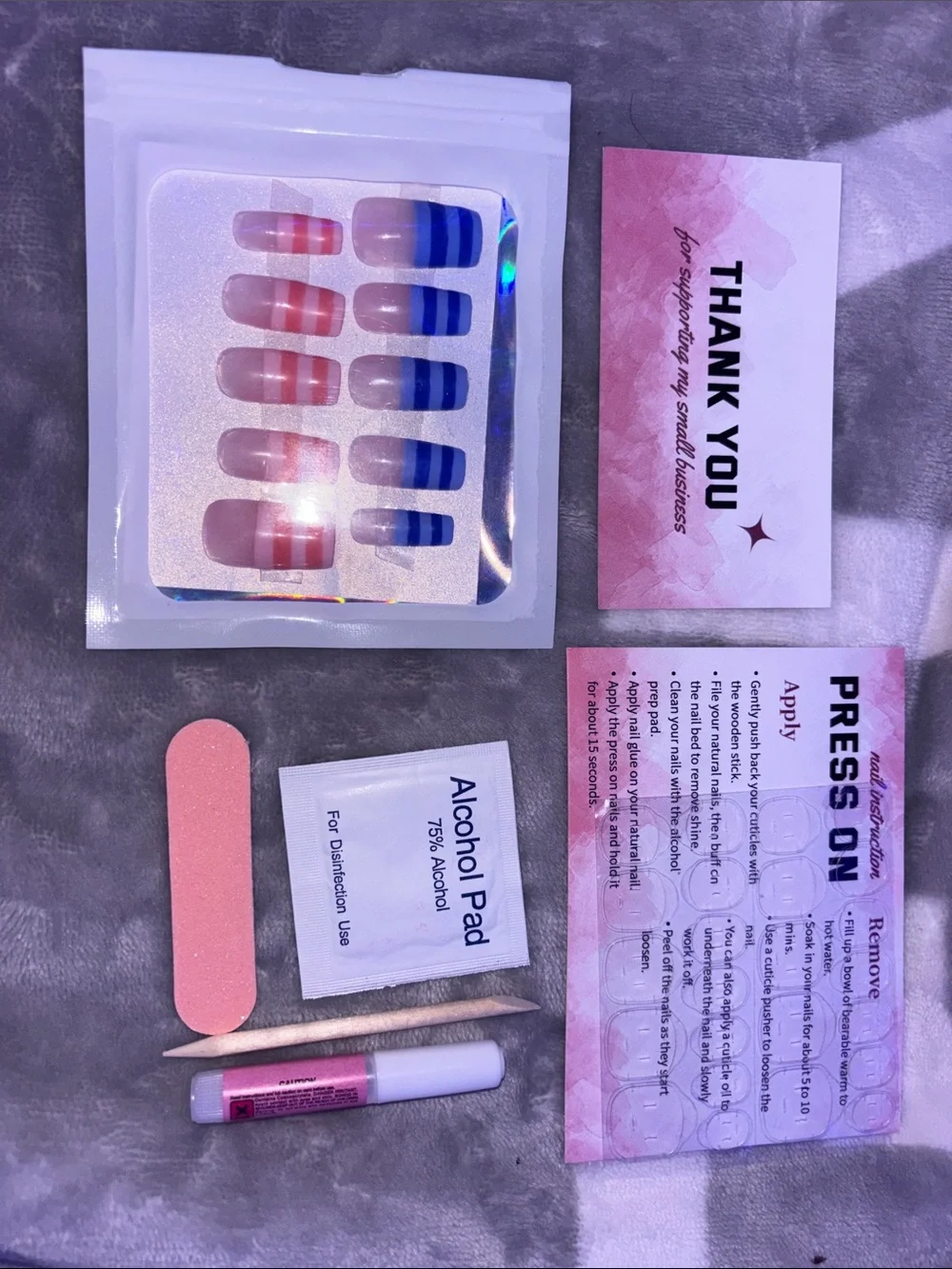 Press-On Nail Set with Pink & Blue Stripes